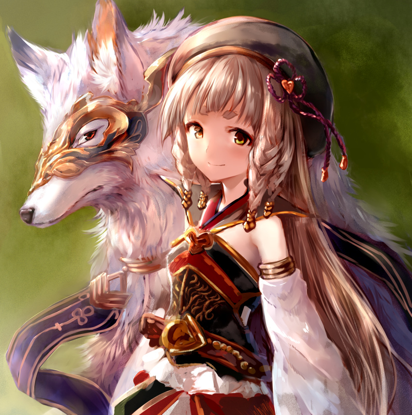 1girl, beret, blonde_hair, blush, closed_mouth, detached_sleeves, granblue_fantasy, green_eyes