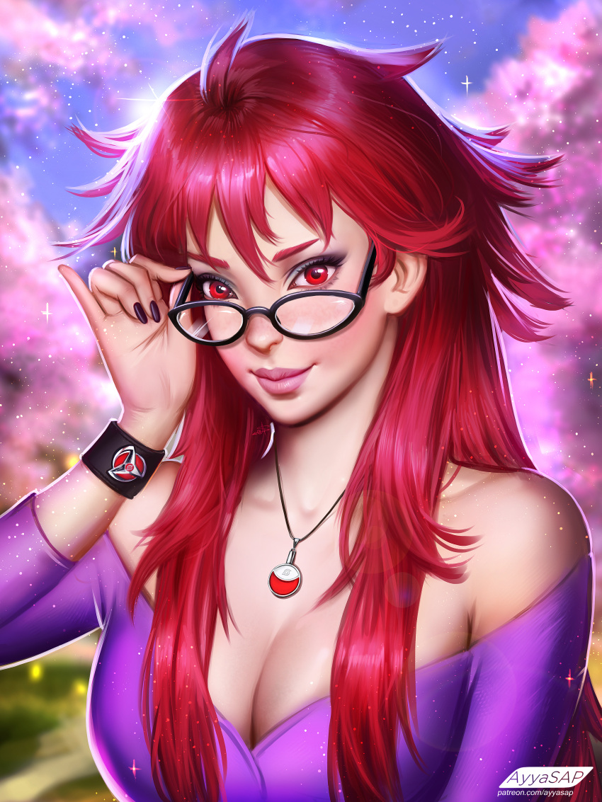 1girl, absurdres, adjusting_glasses, artist_name, ayya_saparniyazova, black_nails, blurry, breasts