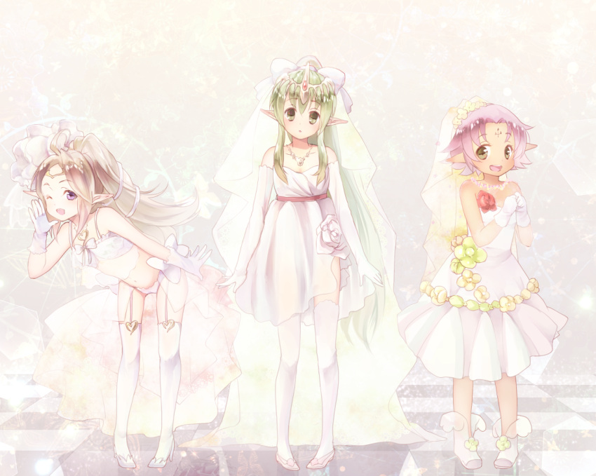 3girls, ahoge, blush, bridal_veil, chiki, dress, elbow_gloves, fa, fire_emblem, fire_emblem:_fuuin_no_tsurugi, fire_emblem:_kakusei, fire_emblem:_mystery_of_the_emblem, fire_emblem_heroes, flower, full_body, garter_straps, gloves, green_eyes, green_hair, long_hair, looking_at_viewer, multiple_girls, nowi_(fire_emblem), oka_(umanihiki), panties, pink_hair, pointy_ears, ponytail, rose, short_hair, underwear, veil, wedding_dress, white_dress