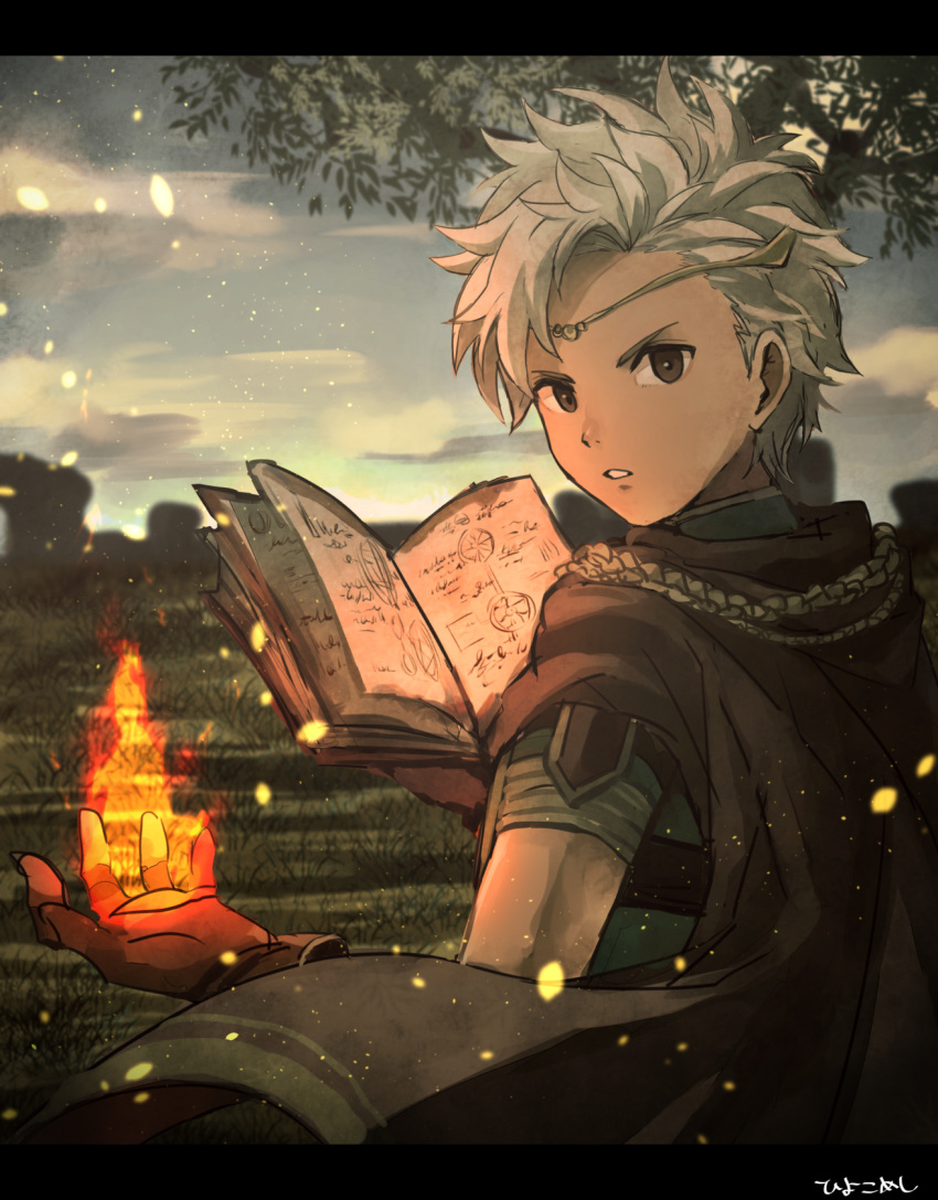 1boy, back, boey_(fire_emblem), book, brown_eyes, cape, circlet, dark_skin