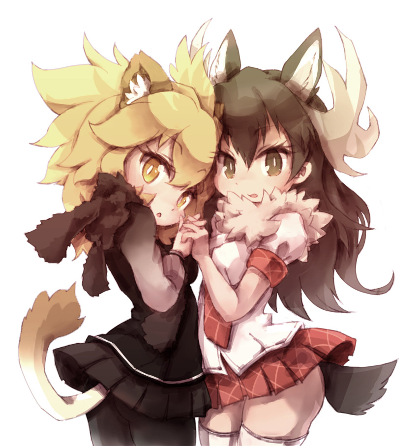 2girls, absurdres, animal_ears, antlers, black_hair, black_legwear, blonde_hair, brown_eyes, cosplay, costume_switch, fur_collar, hand_holding, highres, kemono_friends, kolshica, lion_(kemono_friends), lion_ears, lion_tail, long_hair, long_sleeves, looking_at_viewer, moose_(kemono_friends), moose_ears, moose_tail, multiple_girls, necktie, pantyhose, pleated_skirt, school_uniform, simple_background, skirt, tail, thigh-highs, white_background, yellow_eyes, zettai_ryouiki
