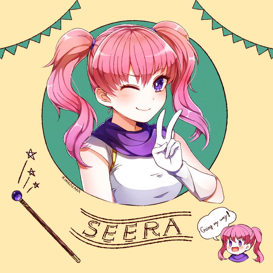 1girl, :d, ;), arm, bare_arms, blush, blush_stickers, character_name, chibi, chibi_inset, closed_mouth, english, female, fire_emblem, fire_emblem:_rekka_no_ken, gloves, highres, intelligent_systems, long_hair, long_sleeves, looking_at_viewer, neck, nintendo, okumura_096, one_eye_closed, open_mouth, pink_hair, ringozaka_mariko, serra, serra_(fire_emblem), shiny, shiny_hair, sleeveless, smile, speech_bubble, star, talking, twintails, upper_body, v, violet_eyes, wand, white_gloves, wink