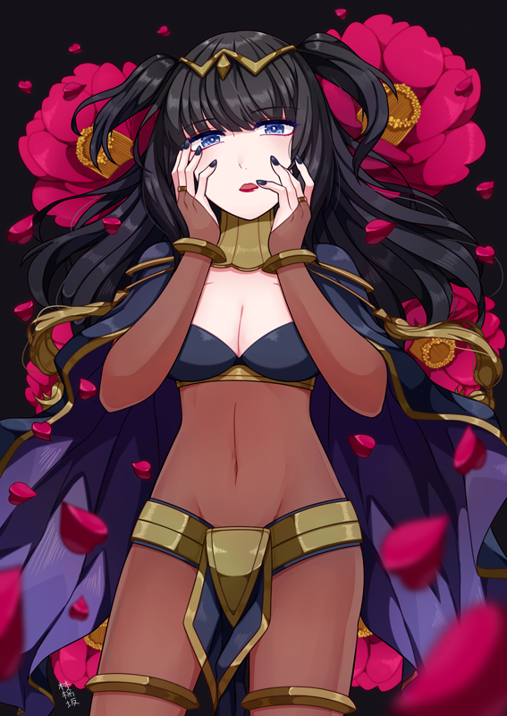 1girl, black_hair, elbow_gloves, fire_emblem, fire_emblem:_kakusei, fire_emblem_heroes, floral_background, flower, gloves, hair_ornament, hands_on_own_cheeks, hands_on_own_face, lipstick, looking_at_viewer, lying, makeup, nail_polish, okumura_096, ringozaka_mariko, solo, tharja, thigh-highs