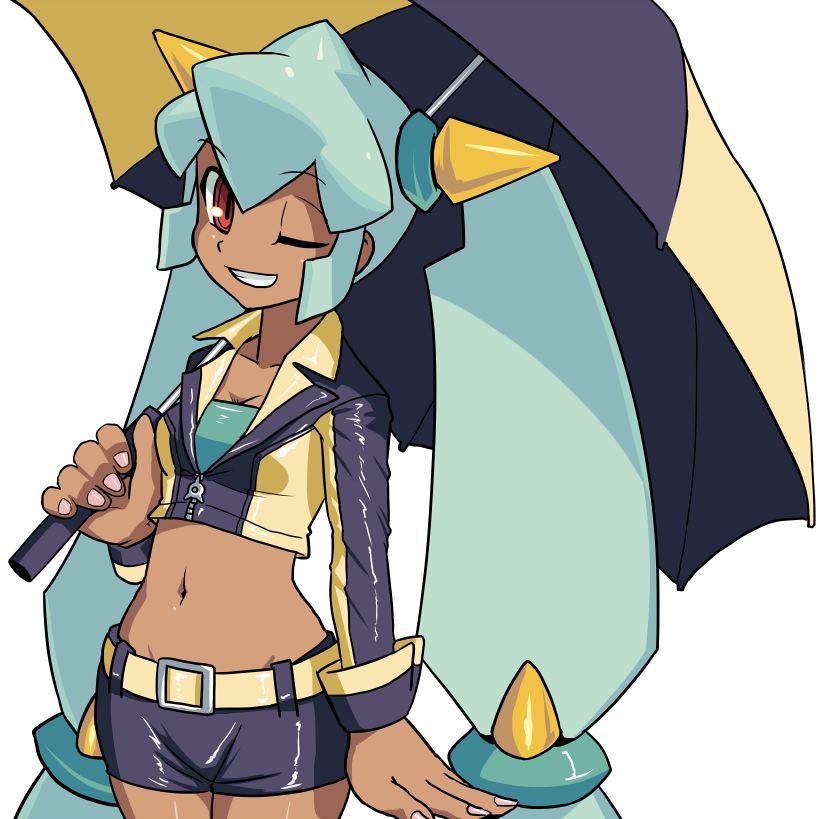 1girl, ;d, aqua_hair, aqua_shirt, bangs, belt, black_shorts, breasts