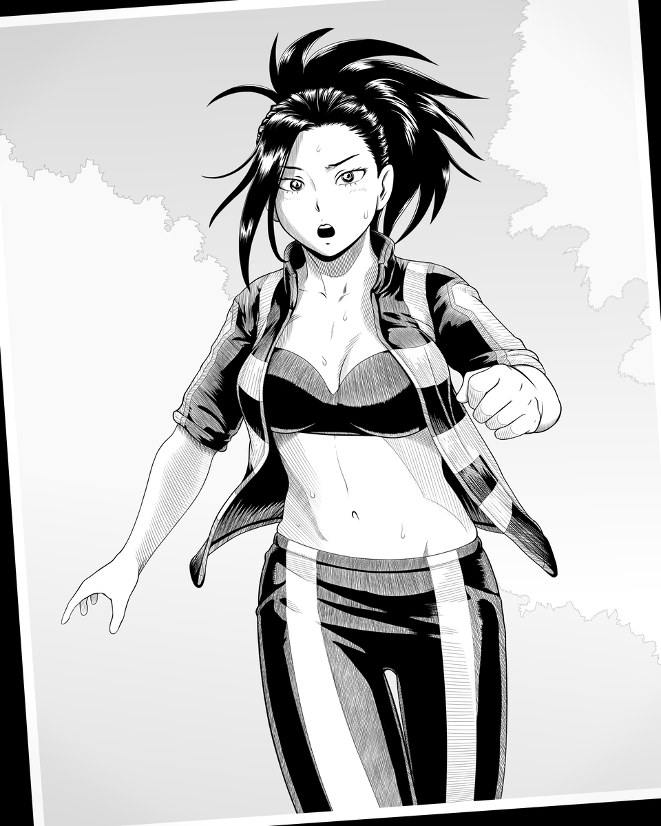 1girl, akim_x, black_hair, blush, boku_no_hero_academia, breasts, cleavage, collarbone, greyscale, highres, jacket, looking_at_viewer, medium_breasts, midriff, monochrome, navel, open_clothes, open_mouth, pants, ponytail, solo, solo_focus, sports_bra, stomach, sweat, track_jacket, track_pants, track_suit, walking, yaoyorozu_momo