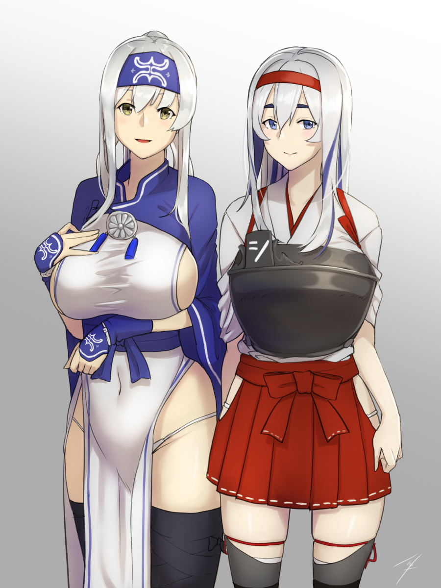 2girls, arms_at_sides, artist_name, black_legwear, blue_eyes, breasts, closed_mouth, collarbone