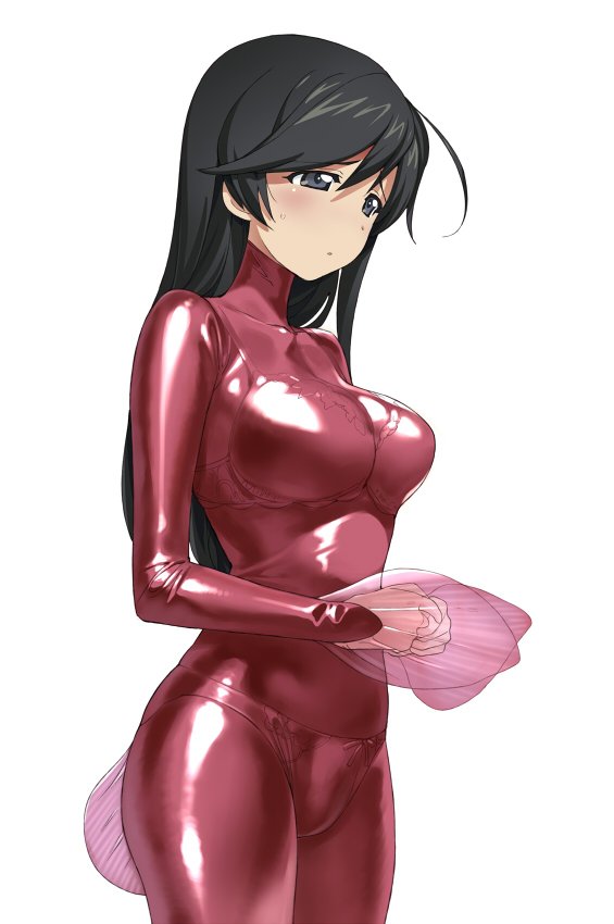 1girl, a1, ahoge, anglerfish_costume, blue_eyes, blush, bodysuit, bra, breasts, closed_mouth, embarrassed, from_side, girls_und_panzer, hair_between_eyes, isuzu_hana, large_breasts, latex, latex_suit, long_hair, looking_to_the_side, panties, pink_bodysuit, see-through, simple_background, solo, underwear, white_background