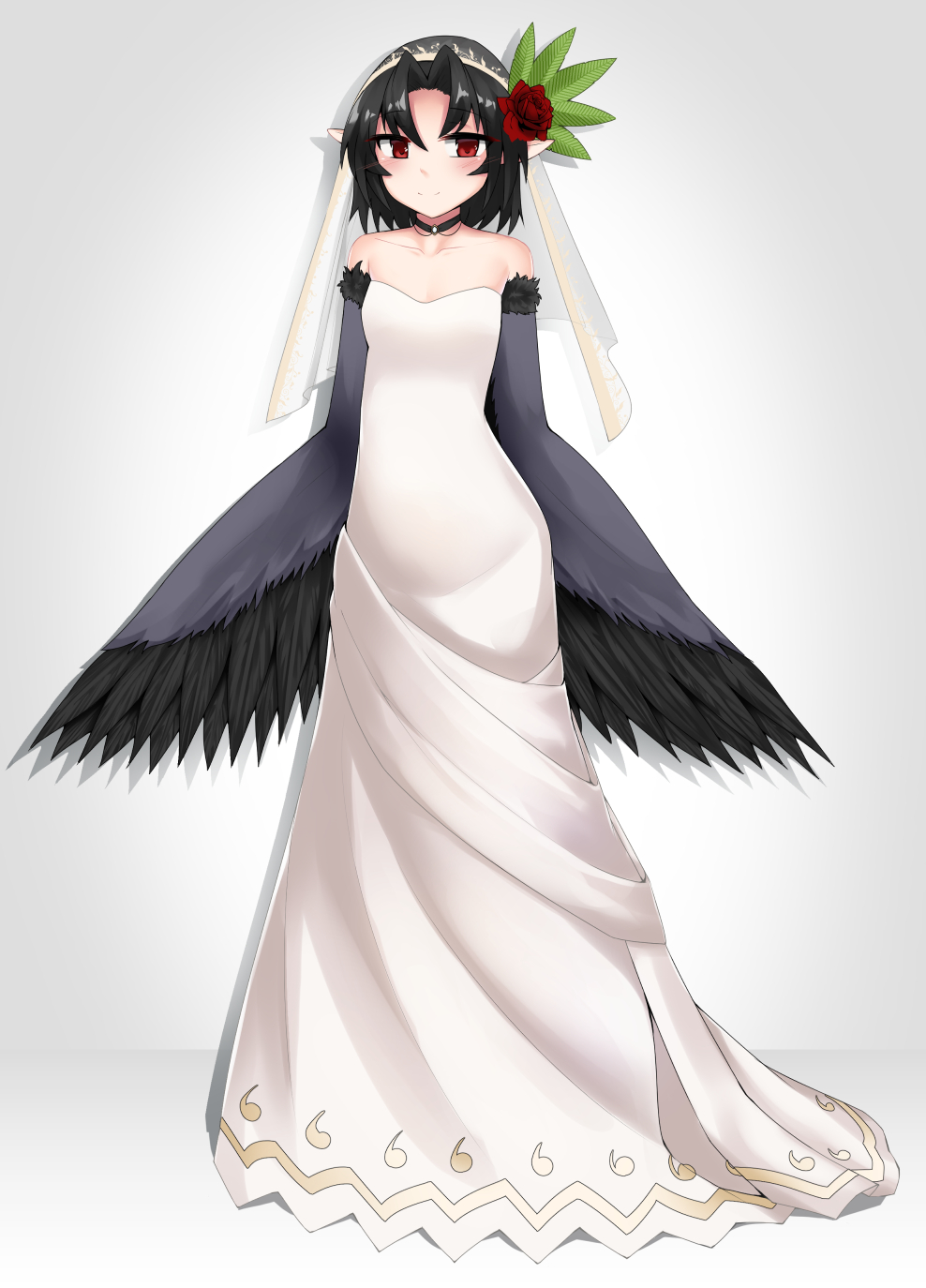 1girl, bare_shoulders, black_choker, black_hair, black_wings, blush, breasts, bridal_veil, bride, choker, collarbone, crow_tengu, detached_sleeves, dress, feathered_wings, flower, full_body, fur_trim, hair_flower, hair_intakes, hair_ornament, harpy, highres, kaafi, leaf_hair_ornament, long_dress, looking_at_viewer, monster_girl, monster_girl_encyclopedia, pointy_ears, red_eyes, short_hair, simple_background, small_breasts, solo, strapless, strapless_dress, veil, wedding_dress, white_dress, winged_arms, wings