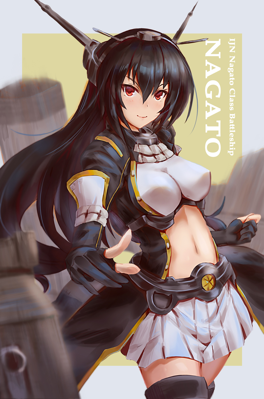 1girl, alternate_costume, black_gloves, black_hair, breasts, cannon, character_name, chiwa_(tsugumisky)