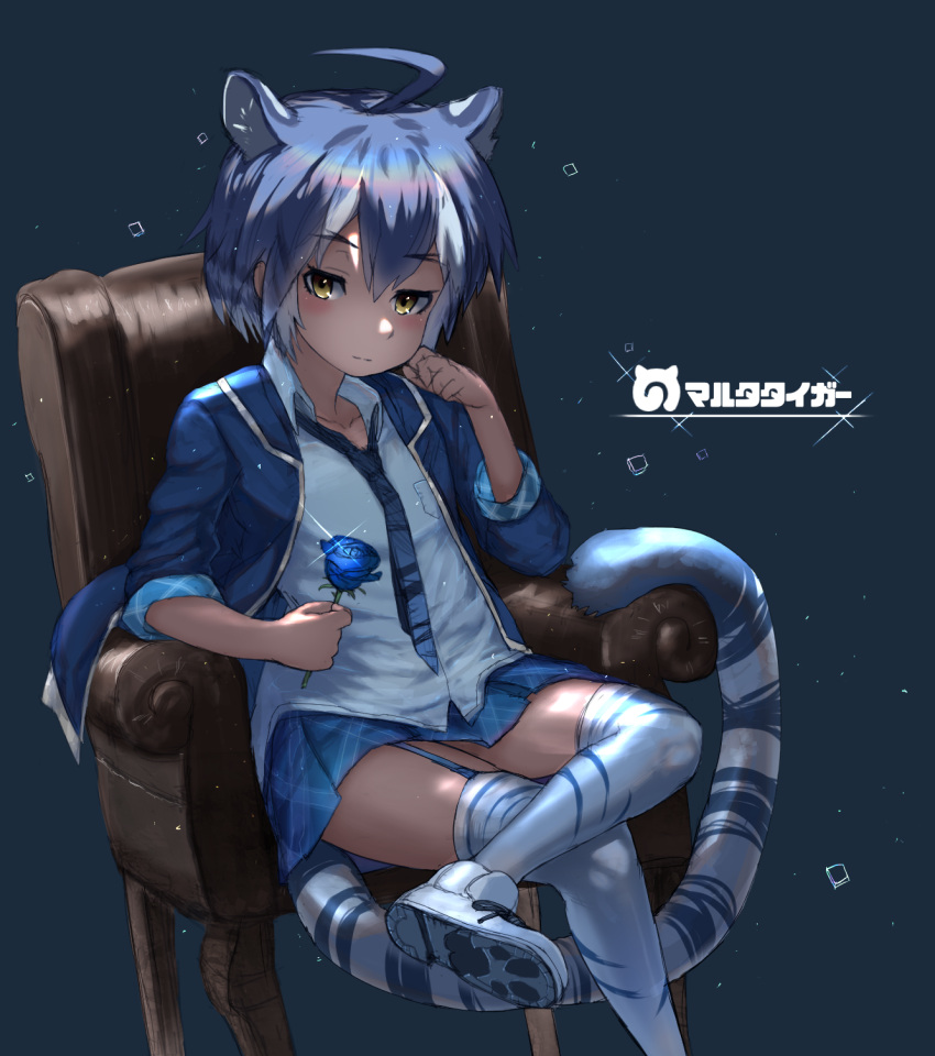 1girl, ahoge, animal_ears, arm_rest, armchair, blue_background, blue_hair, blue_rose