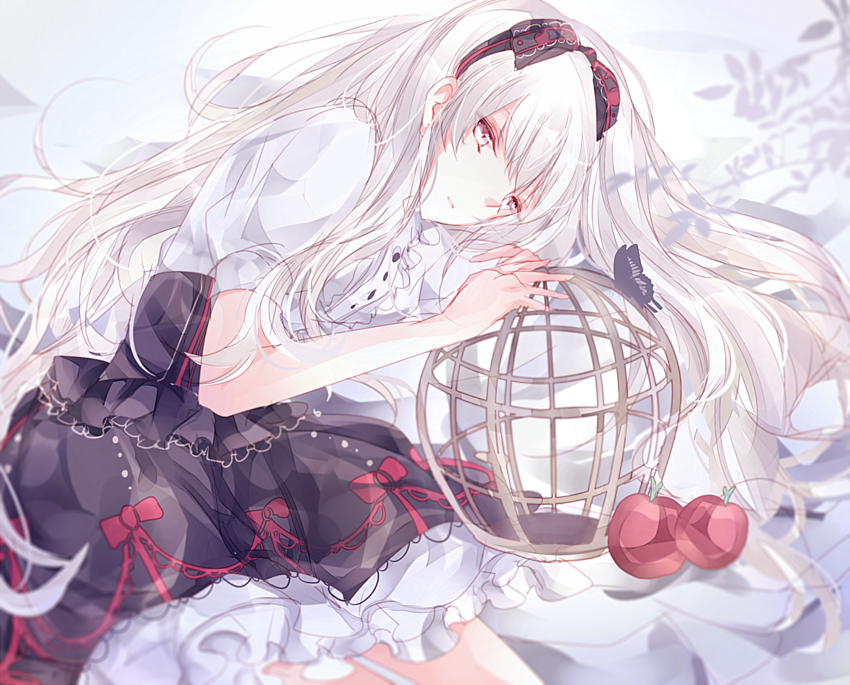1girl, apple, bangs, black_ribbon, black_skirt, blouse, blurry, closed_mouth, depth_of_field, food, fruit, hair_ribbon, hand_up, high-waist_skirt, kure22, light_smile, long_hair, looking_at_viewer, lying, on_side, ribbon, short_sleeves, skirt, solo, tendouin_tsubaki, tsukiuta, white_blouse