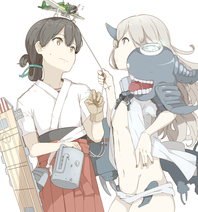 2girls, aircraft, airplane, black_hair, brown_eyes, escort_hime, flat_chest, flight_deck