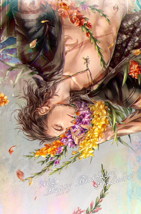 1boy, beard, brown_hair, dated, facial_hair, final_fantasy, final_fantasy_xv, flower, gladiolus_amicitia, happy_birthday, jacket, male_focus, muscle, nanatoiro, open_clothes, open_jacket, petals, scar, solo, tattoo