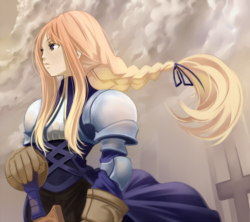 armor, blonde_hair, braid, final_fantasy, final_fantasy_tactics, gloves, hands_on_hilt, kotetsu_motoya