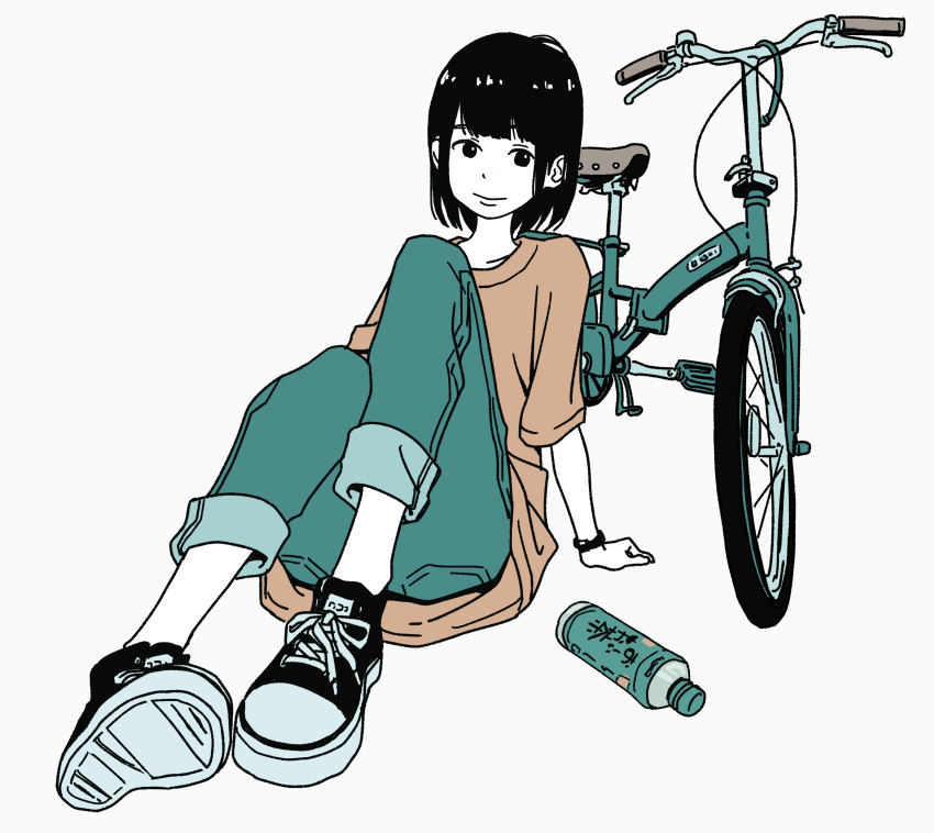 1girl, absurdres, aqua_pants, arm_support, bicycle, black_eyes, black_hair, bottle, bracelet, brown_shirt, closed_mouth, commentary_request, converse, flat_color, full_body, ground_vehicle, highres, hosoo, jewelry, original, pants, shirt, shoes, short_hair, simple_background, sitting, smile, sneakers, solo, white_background, white_skin