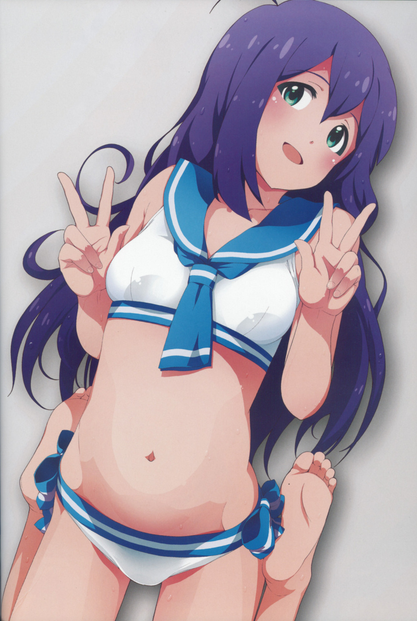 1girl, :d, ahoge, barefoot, bikini, blush, double_v, feet