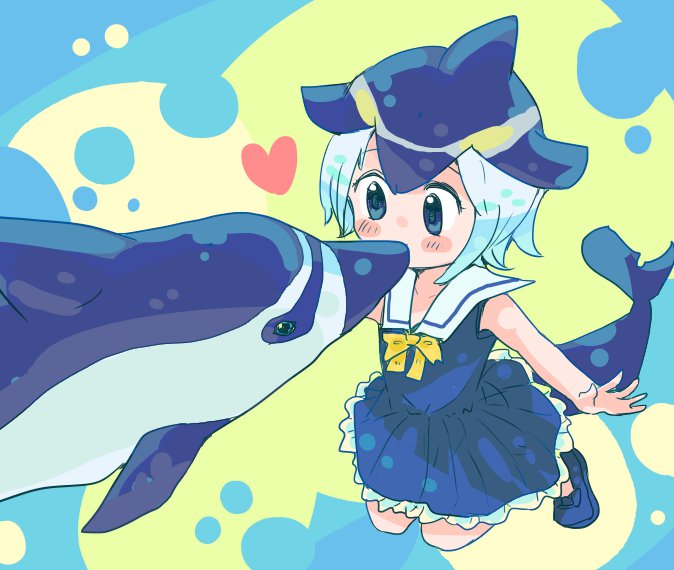 1girl, abstract_background, animal, bare_arms, blonde_hair, blue_dress, blue_eyes, blue_footwear, blue_hair, blue_ribbon, blue_shoes, blush_stickers, collarbone, collared_dress, common_dolphin_(kemono_friends), dolphin, dolphin_tail, dress, eye_contact, eyelashes, fins, frilled_dress, frills, full_body, heart, kemono_friends, kiss, looking_at_another, multicolored, multicolored_background, multicolored_hair, neck_ribbon, outstretched_arms, pleated_dress, ribbon, rureko_(torimura), sailor_collar, sailor_dress, shoe_ribbon, shoes, short_hair, sleeveless, sleeveless_dress, smile, submerged, tail, tareme, yellow_ribbon