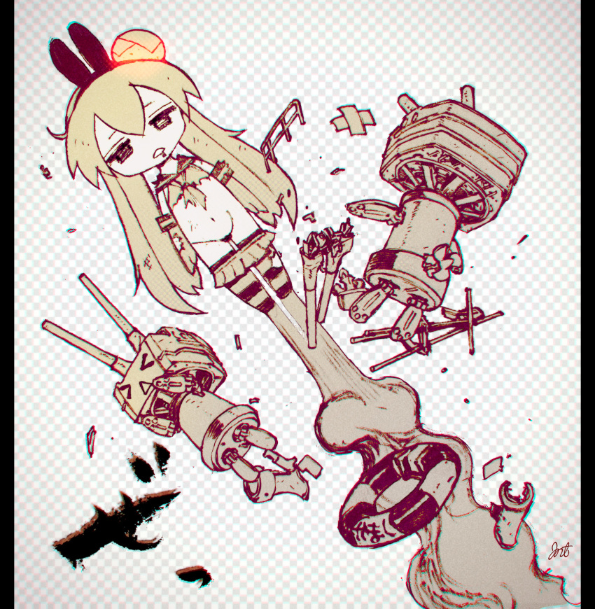 =_=, animal_ears, arms_at_sides, ascot, bandage, blonde_hair, border, broken