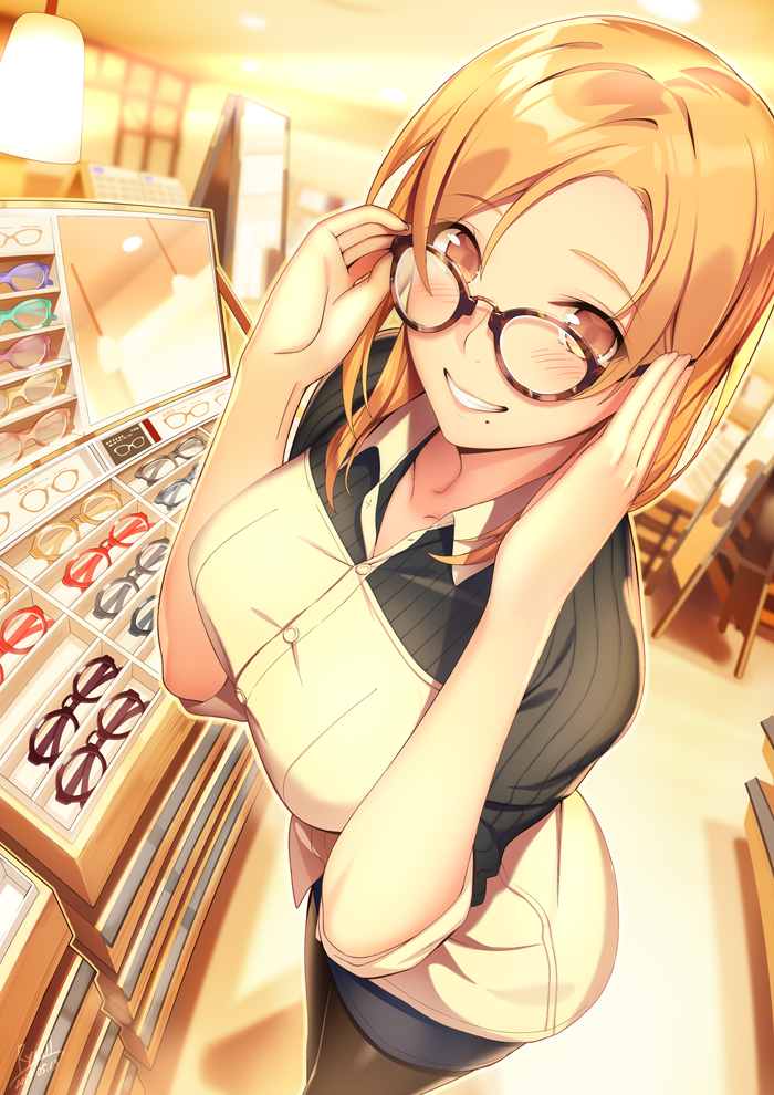 1girl, adjusting_glasses, artist_name, blonde_hair, blush, breasts, buttons, collared_shirt, commentary_request, dated, fisheye, glasses, grin, ichinose_tomoe, indoors, large_breasts, looking_at_viewer, mirror, mole, mole_under_mouth, orange_eyes, original, parted_lips, shirt, shoken_narai, shop, shopping, smile, solo, teeth