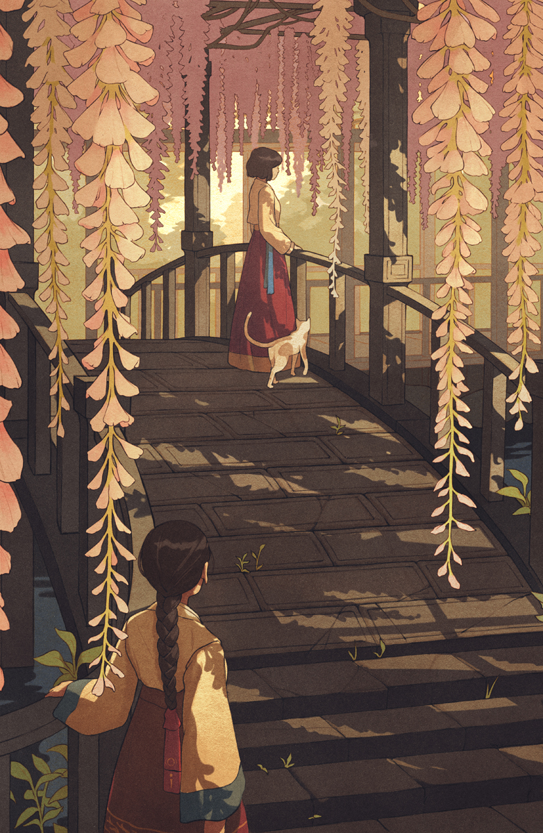 2girls, animal, black_hair, blue_ribbon, braid, bridge, cat, flower