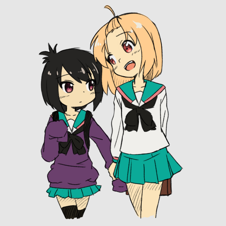 2girls, a_channel, artist_apprentice, black_hair, blonde_hair, hand_holding, ichii_tooru, long_hair