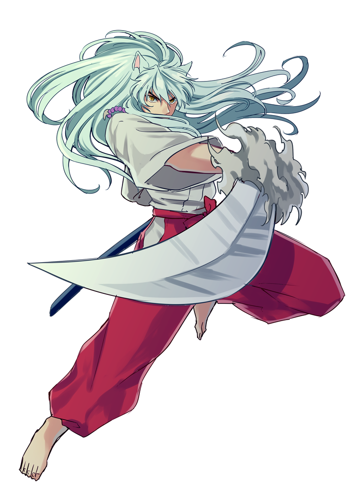 1boy, animal_ears, barefoot, dog_ears, foreshortening, inuyasha, inuyasha_(character), japanese_clothes