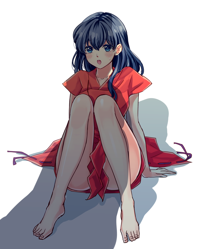 1girl, alternate_costume, arm_support, barefoot, black_hair, blue_eyes, blush, breasts, cosplay, hair_between_eyes, higurashi_kagome, inuyasha, inuyasha_(character), inuyasha_(cosplay), knees_to_chest, knees_together_feet_apart, long_hair, motobi_(mtb_umk), nontraditional_miko, open_mouth, shadow, short_sleeves, simple_background, sitting, solo, sweatdrop, white_background