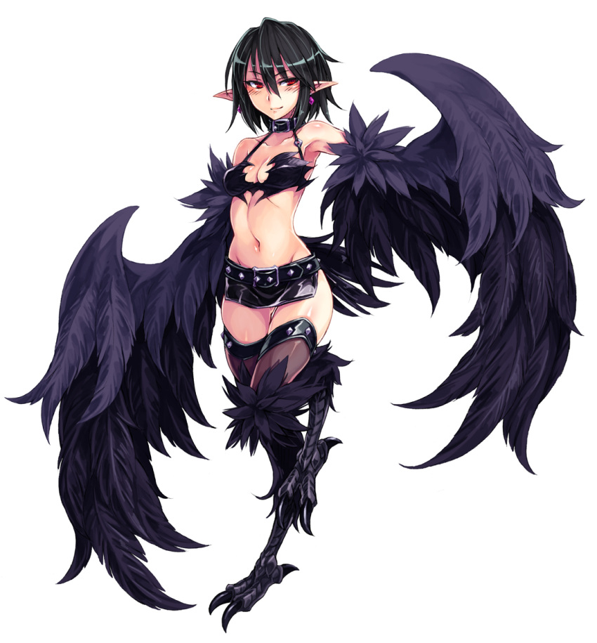 1girl, armpits, belt, black_hair, black_harpy, black_wings, blush, breasts, choker, collar, collarbone, earrings, feathered_wings, feathers, full_body, fur, groin, harpy, highres, jewelry, kenkou_cross, looking_at_viewer, miniskirt, monster_girl, monster_girl_encyclopedia, navel, pencil_skirt, pointy_ears, red_eyes, revision, short_hair, side_slit, skirt, small_breasts, solo, standing, standing_on_one_leg, thigh-highs, wings