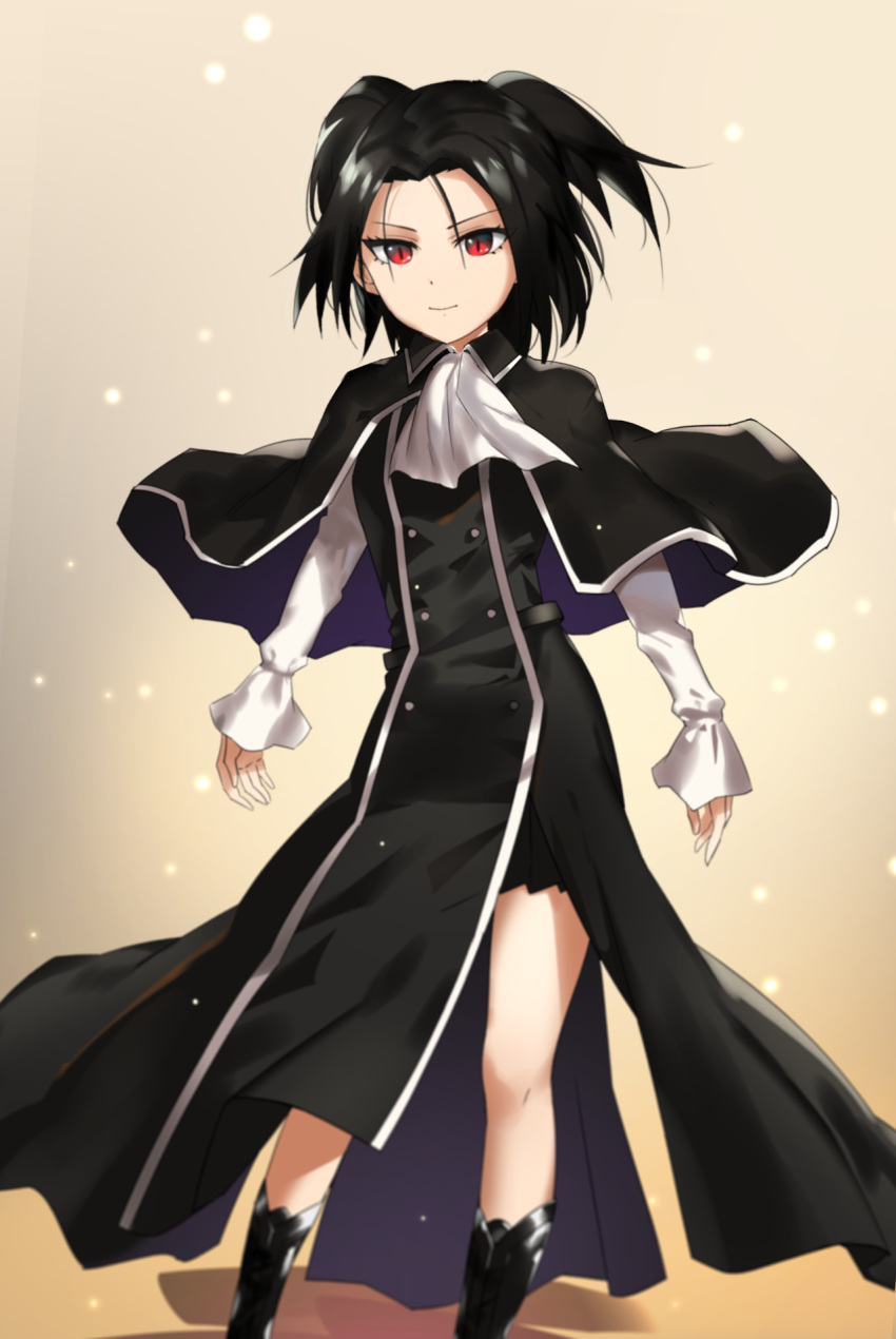 1girl, black_clothes, black_hair, capelet, highres, light_smile, red_eyes, rosario+vampire, sendrawz, shuzen_akua, slit_pupils, solo, standing, vampire
