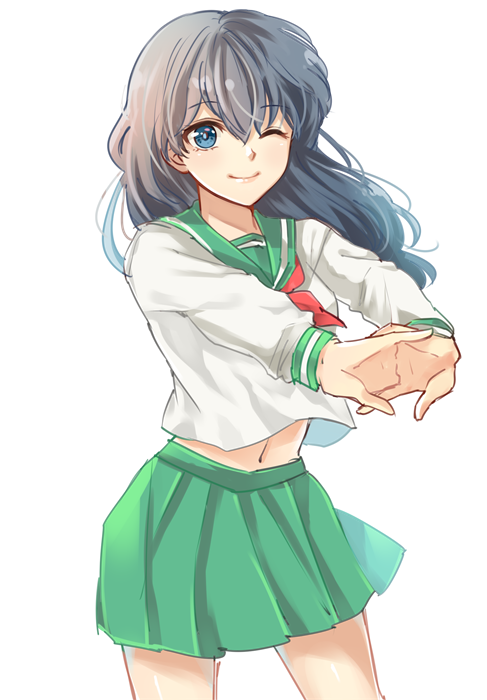 1girl, black_hair, blue_eyes, cowboy_shot, hair_between_eyes, hands_together, higurashi_kagome, interlocked_fingers, inuyasha, long_hair, long_sleeves, looking_at_viewer, midriff, motobi_(mtb_umk), navel, one_eye_closed, pleated_skirt, sailor_collar, school_uniform, serafuku, shirt, simple_background, sketch, skirt, smile, solo, stretch, white_background