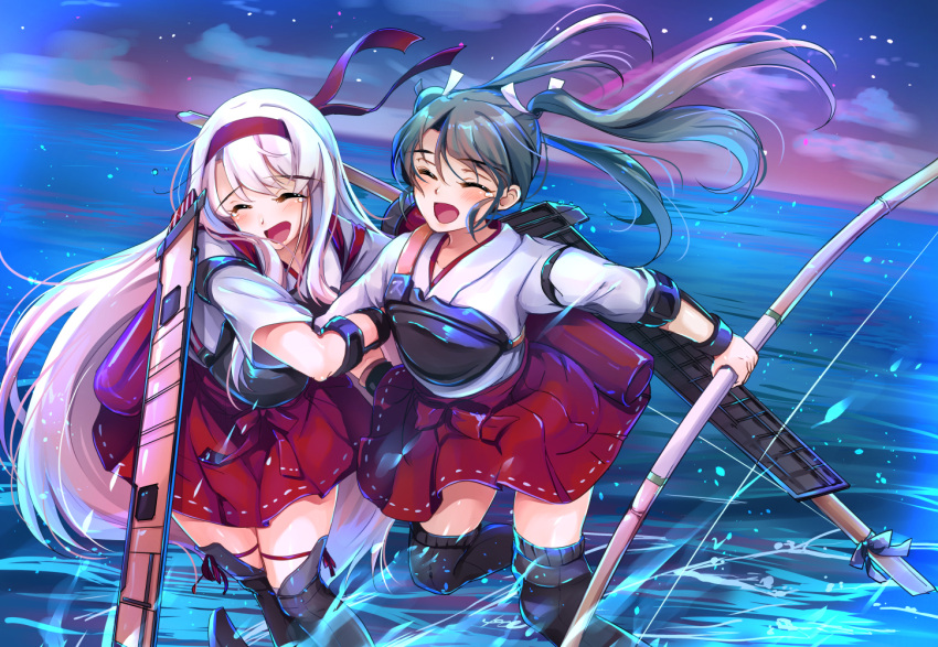2girls, an_jera, blush, boots, bow, bracer, closed_eyes, eyebrows_visible_through_hair, flight_deck, grey_hair, hair_between_eyes, hair_ribbon, hairband, japanese_clothes, kantai_collection, laughing, locked_arms, long_hair, miko, multiple_girls, muneate, nontraditional_miko, ocean, open_mouth, ribbon, running, running_on_water, shoukaku_(kantai_collection), tears, thigh-highs, thigh_boots, twintails, white_hair, zuikaku_(kantai_collection)