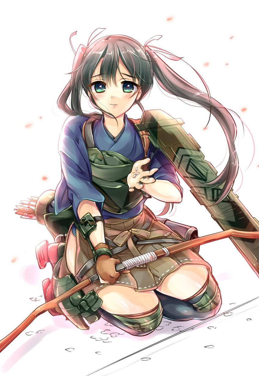 1girl, an_jera, arrow, black_legwear, blue_eyes, blush, bow, bracer