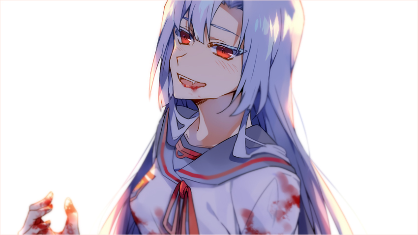 1girl, aiwm, blood, bloody_clothes, bloody_hand, blue_hair, blush, colored_eyelashes