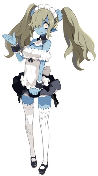 1girl, black_shoes, black_skirt, blue_skin, brown_hair, detached_collar, disgaea, full_body