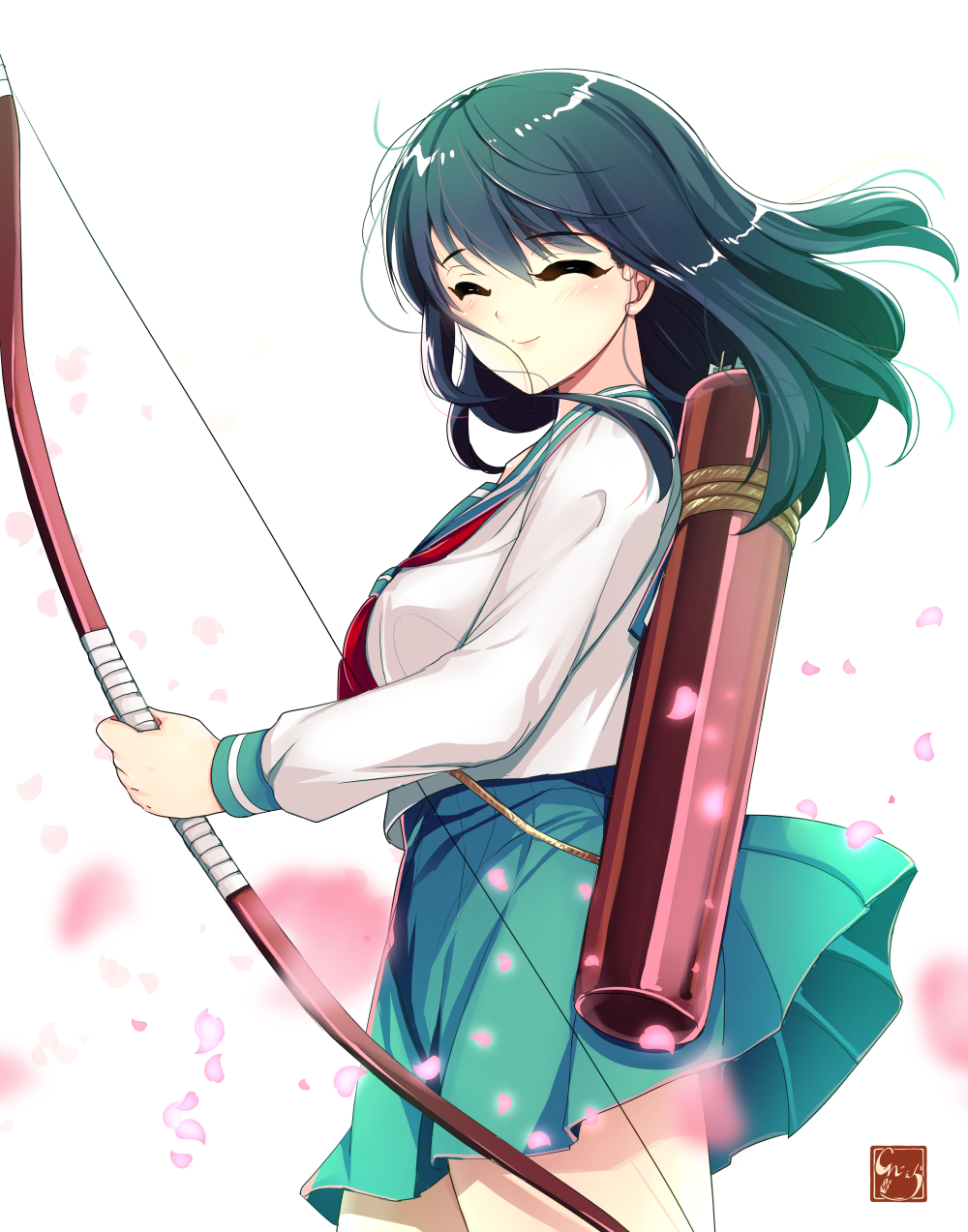 1girl, an_jera, arrow, black_hair, blush, bow_(weapon), breasts, closed_eyes