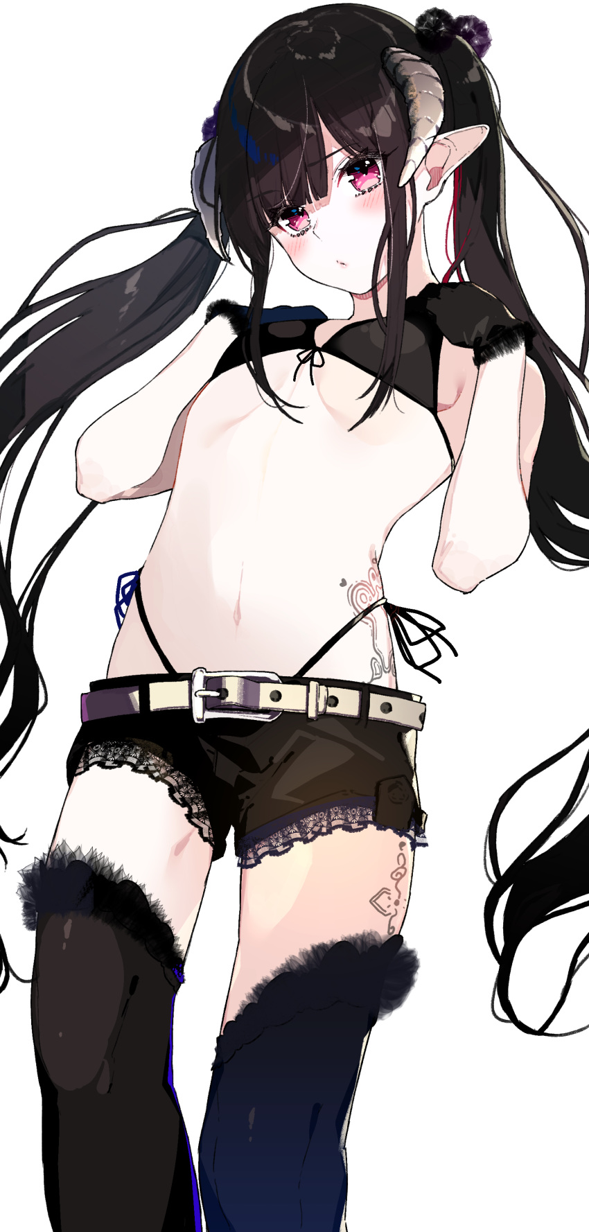1girl, absurdres, bikini, black_bikini, black_hair, blush, breasts, cowboy_shot, demon_girl, fur_trim, gloves, highres, horns, kayahara_(kayaka), lace_trim, long_hair, navel, original, petite, pointy_ears, pout, red_eyes, short_shorts, shorts, small_breasts, solo, swimsuit, tattoo, thigh-highs, twintails