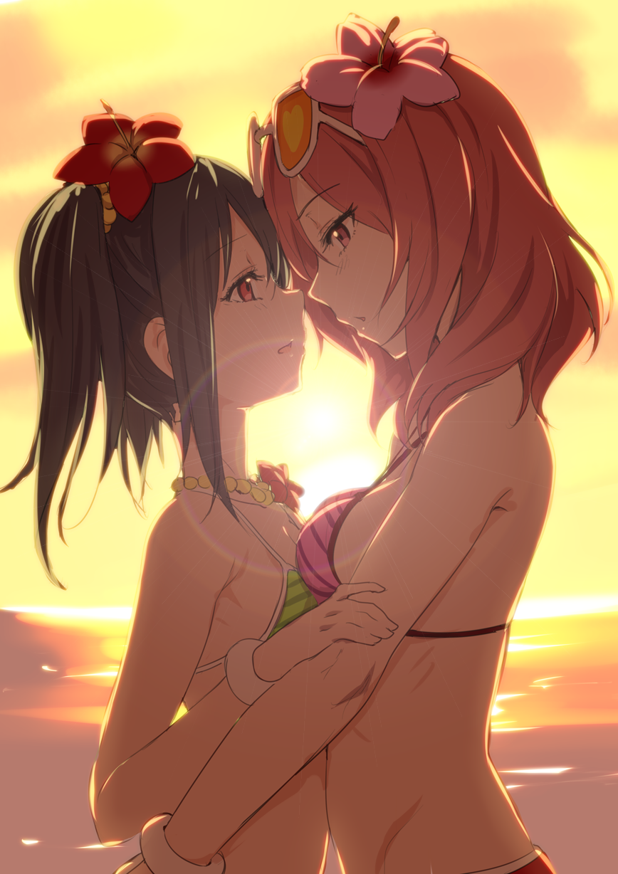 2girls, backlighting, beach, bikini, black_hair, blush, bracelet, clearite