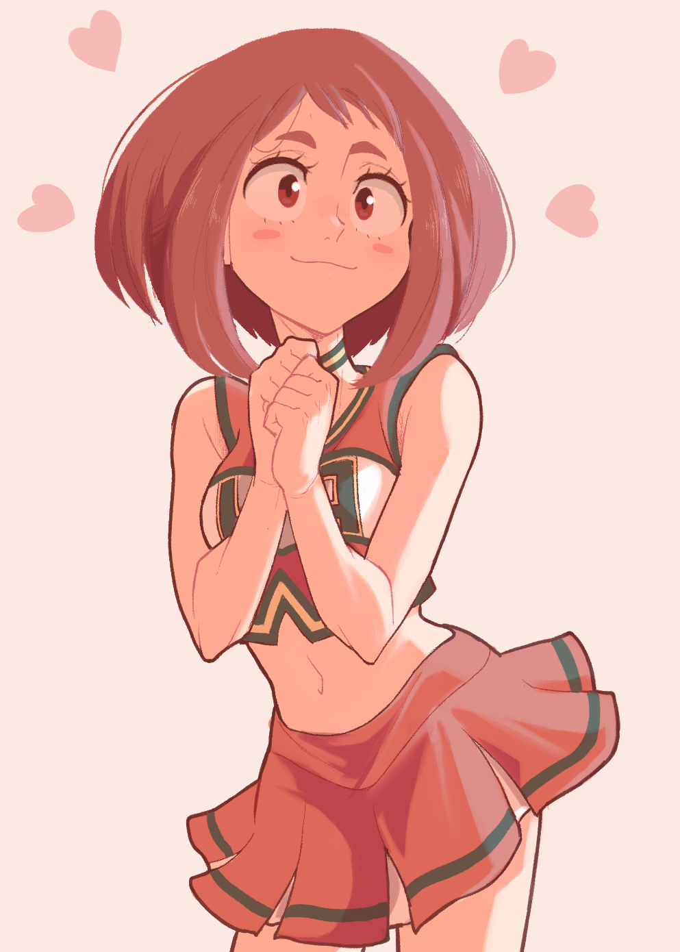 1girl, bare_shoulders, blush_stickers, boku_no_hero_academia, breasts, brown_eyes, brown_hair, cheerleader