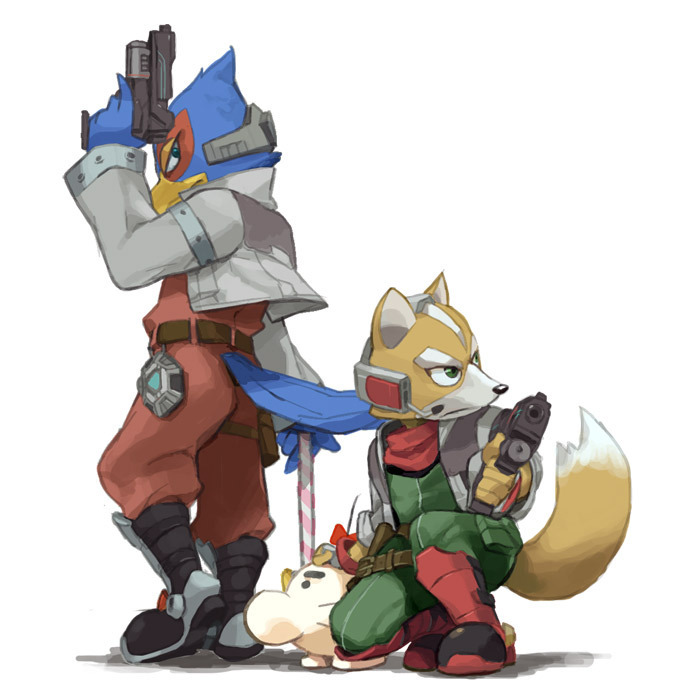 falco_lombardi, fox_mccloud, furry, gloves, green_eyes, gun, headset, kneeling