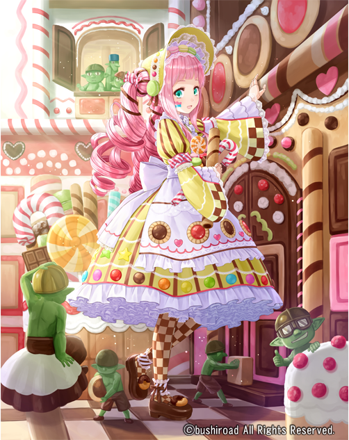 1girl, apron, biscuit, bow, cake, candy, candy_hair_ornament, cardfight!!_vanguard