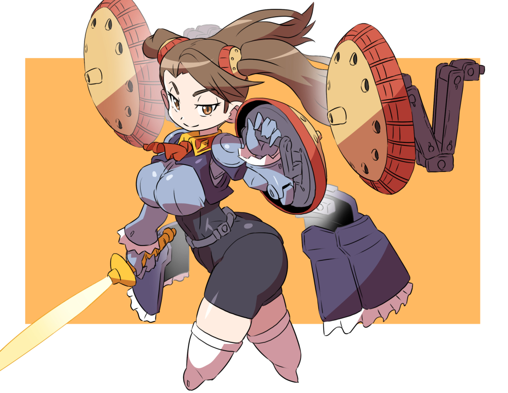 1girl, ass, beam_saber, belt, bike_shorts, breasts, brown_eyes, brown_hair