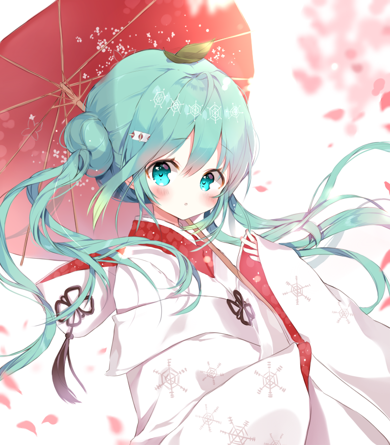 1girl, aqua_eyes, aqua_hair, bangs, blush, dohj00, double_bun, from_side, hair_ornament, hatsune_miku, hood, hood_down, japanese_clothes, kimono, leaf, leaf_on_head, long_hair, looking_at_viewer, oriental_umbrella, petals, red_umbrella, snowflake_print, solo, tassel, twintails, umbrella, upper_body, vocaloid, wide_sleeves
