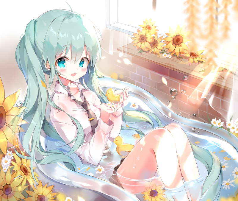 1girl, :d, ahoge, aqua_eyes, aqua_hair, bangs, bathtub, black_necktie