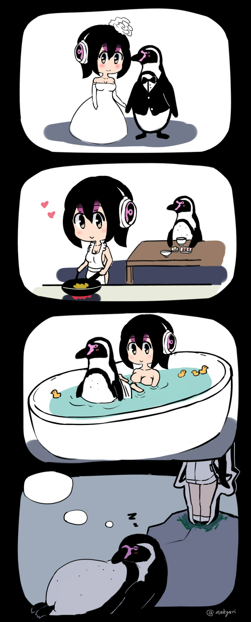 4koma, :>, apron, bathing, bathtub, bird, black_bow, black_bowtie