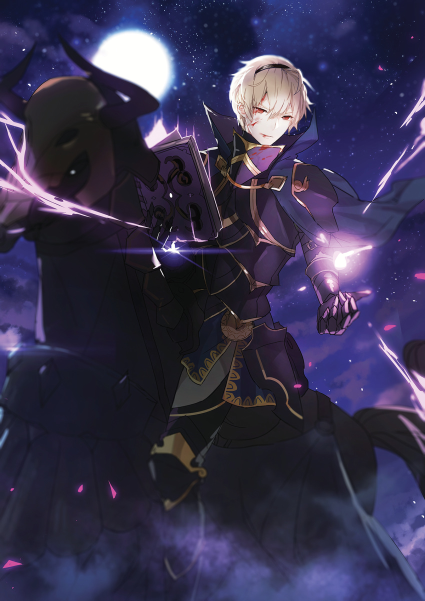 1boy, armor, armored_boots, blonde_hair, blood, blood_on_face, book, boots