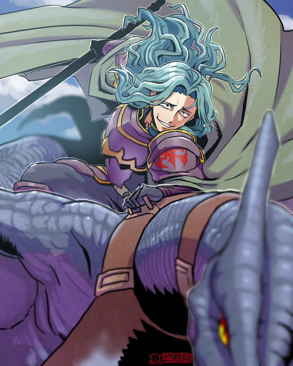 1boy, armor, artist_name, blue_hair, cape, dragon, fire_emblem, fire_emblem:_seima_no_kouseki, fire_emblem_heroes, gloves, highres, long_hair, male_focus, polearm, solo, spear, sting_chameleao, teeth, valter, weapon