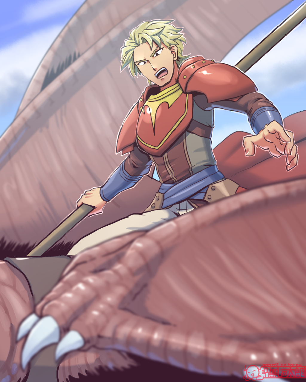 1boy, artist_name, blonde_hair, day, dragon, fire_emblem, fire_emblem:_seima_no_kouseki, fire_emblem_heroes