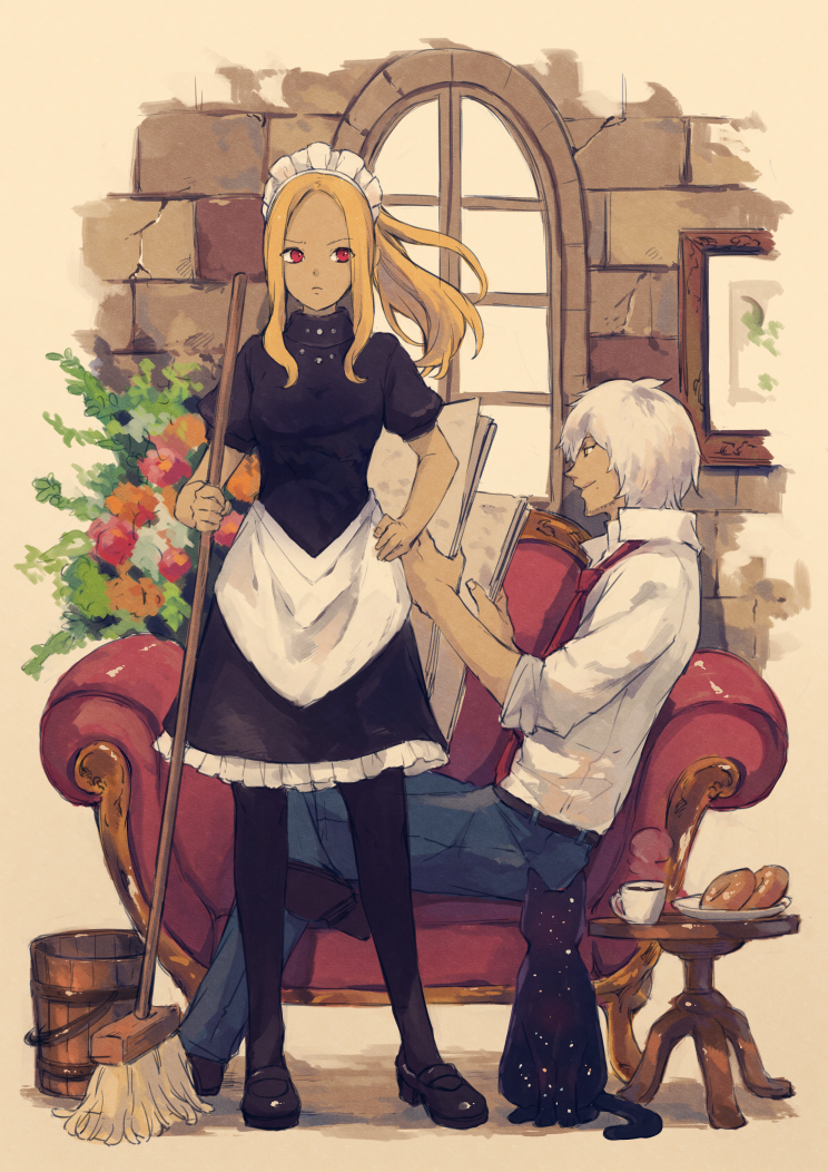 1boy, 1girl, alternate_costume, aquariumtama, beard, blonde_hair, broom, dark_skin