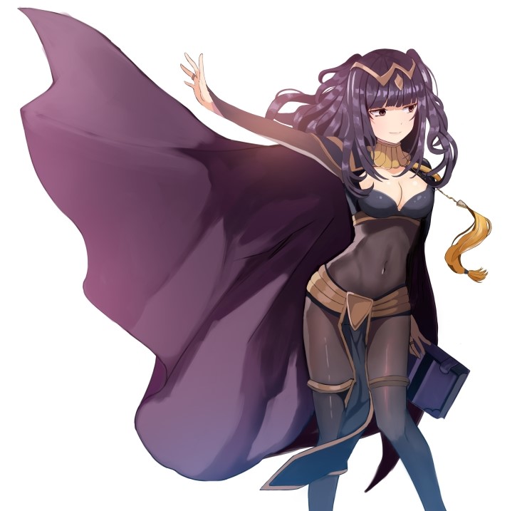 1girl, bangs, black_hair, bodysuit, book, bracelet, breasts, bridal_gauntlets, cape, chovy_(arina0908), cleavage, fire_emblem, fire_emblem:_kakusei, jewelry, large_breasts, long_hair, smile, solo, tharja, tiara, two_side_up, violet_eyes