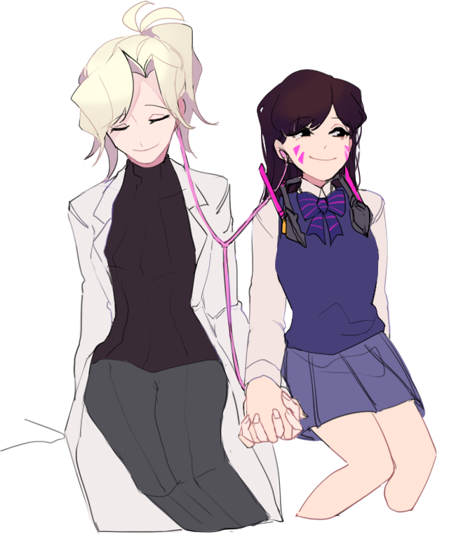 2girls, black_sweater, blonde_hair, bow, bowtie, brown_hair, closed_eyes, cropped_legs